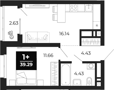 Планировка 1-к.кв, 39,29 м² в ЖК Соната-парк