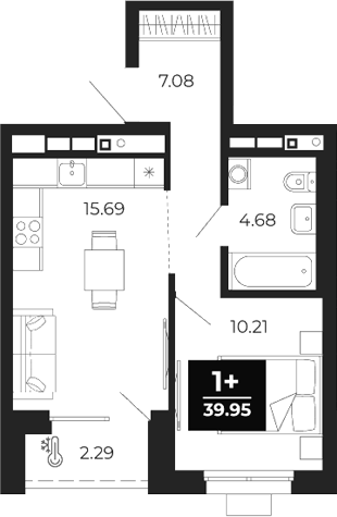 Планировка 1-к.кв, 39,95 м² в ЖК Соната-парк