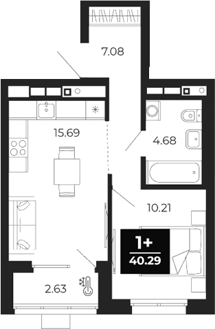 Планировка 1-к.кв, 40,29 м² в ЖК Соната-парк