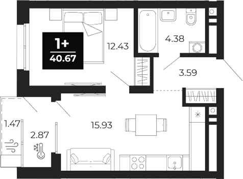 Планировка 1-к.кв, 40,67 м² в ЖК Соната-парк