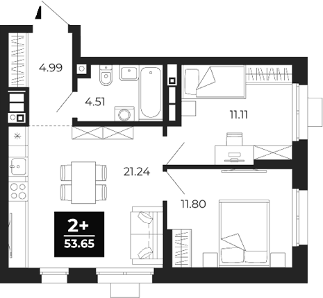 Планировка 2-к, 53,65 м² в ЖК Соната-парк