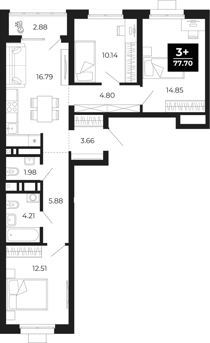 Планировка 3-к, 77,7 м² в ЖК Соната-парк