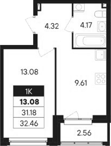 Планировка 1-к.кв, 32,46 м² в ЖК Современник