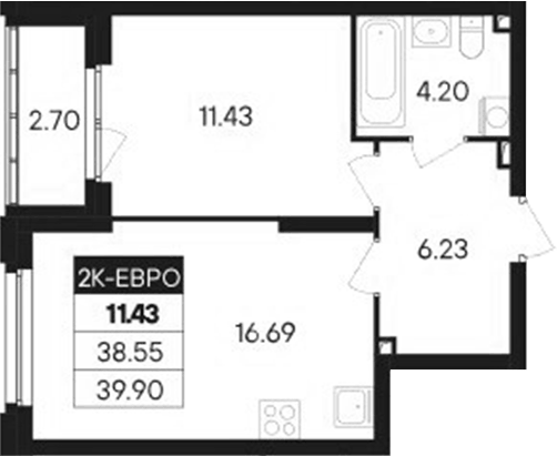 Планировка 2Е-к.кв, 39,9 м² в ЖК Современник