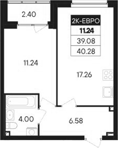 Планировка 2Е-к.кв, 40,28 м² в ЖК Современник