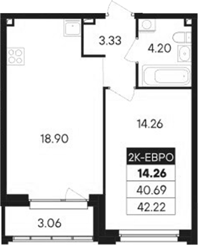 Планировка 2Е-к.кв, 42,22 м² в ЖК Современник