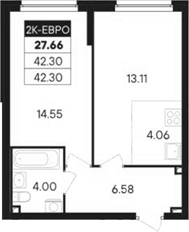 Планировка 2Е-к.кв, 42,3 м² в ЖК Современник