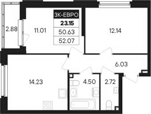 Планировка 3Е-к, 52,07 м² в ЖК Современник