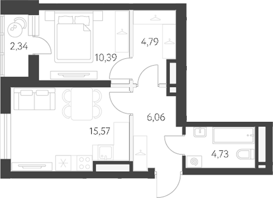 Планировка 2Е-к, 42,6 м² в ЖК Спутник-1