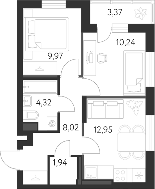 Планировка 2-к.кв, 48,9 м² в ЖК Спутник-1