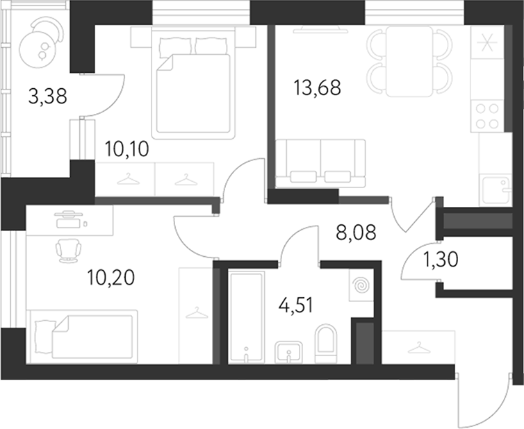 Планировка 2-к.кв, 49,2 м² в ЖК Спутник-1