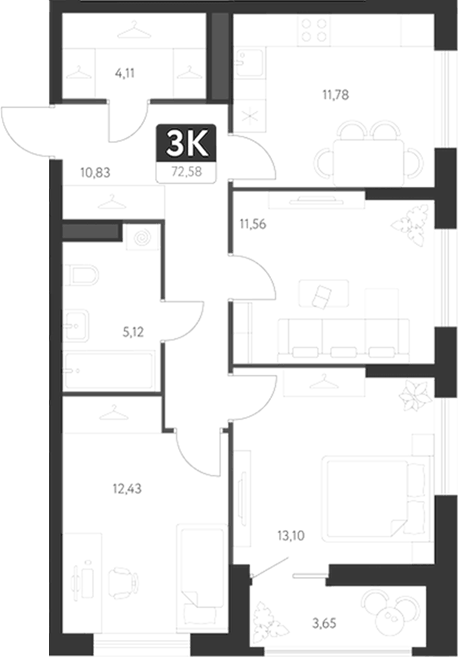 Планировка 3-к, 69,8 м² в ЖК Спутник-1
