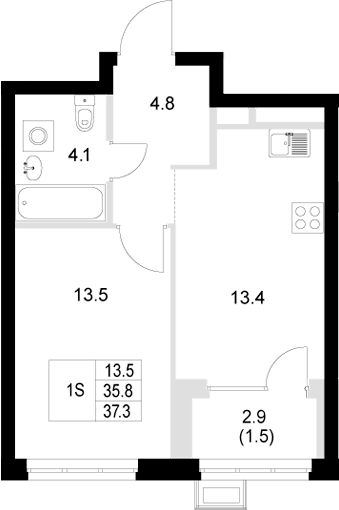 Планировка 1-к.кв, 37,3 м² в ЖК Стадиум