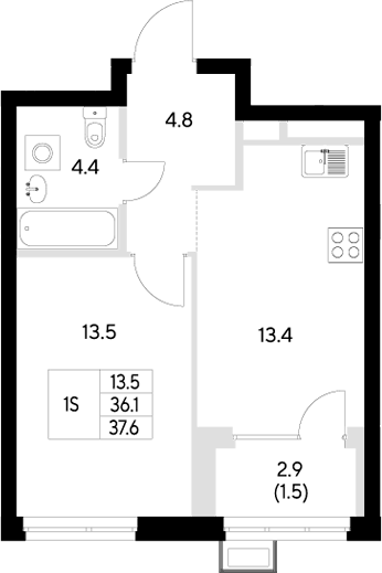 Планировка 1-к.кв, 37,6 м² в ЖК Стадиум