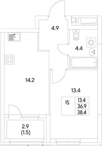 Планировка 1-к.кв, 38,4 м² в ЖК Стадиум