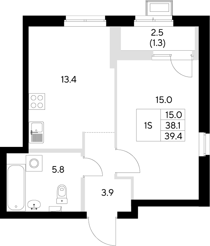 Планировка 1-к.кв, 39,4 м² в ЖК Стадиум