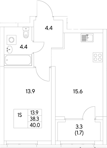 Планировка 1-к.кв, 40 м² в ЖК Стадиум