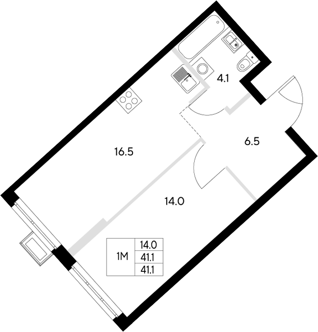 Планировка 1-к.кв, 41,1 м² в ЖК Стадиум