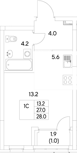 Планировка Студия, 28 м² в ЖК Стадиум