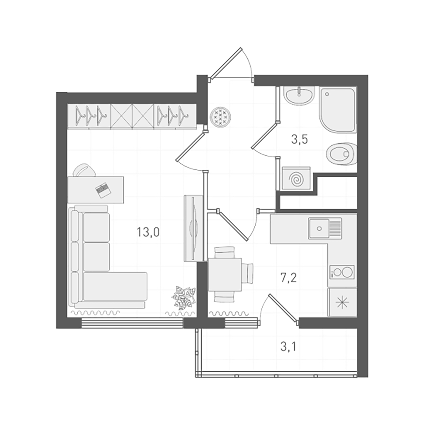 Планировка 1-к.кв, 28.9 м² в ЖК Старт