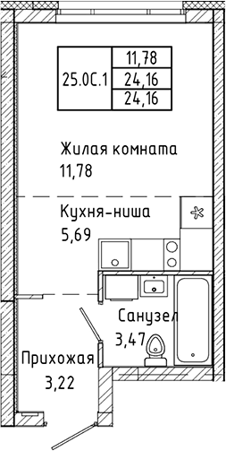 Планировка Студия, 24,16 м² в ЖК СтудияПарк