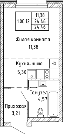 Планировка Студия, 24,46 м² в ЖК СтудияПарк