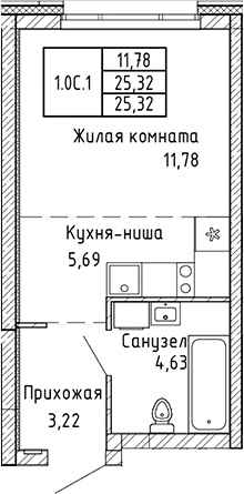 Планировка Студия, 25,32 м² в ЖК СтудияПарк