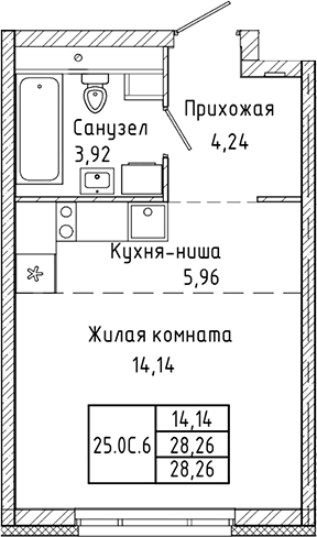 Планировка Студия, 28,26 м² в ЖК СтудияПарк
