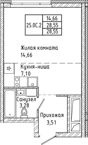 Планировка Студия, 28,55 м² в ЖК СтудияПарк