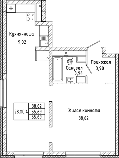 Планировка Студия, 55,69 м² в ЖК СтудияПарк