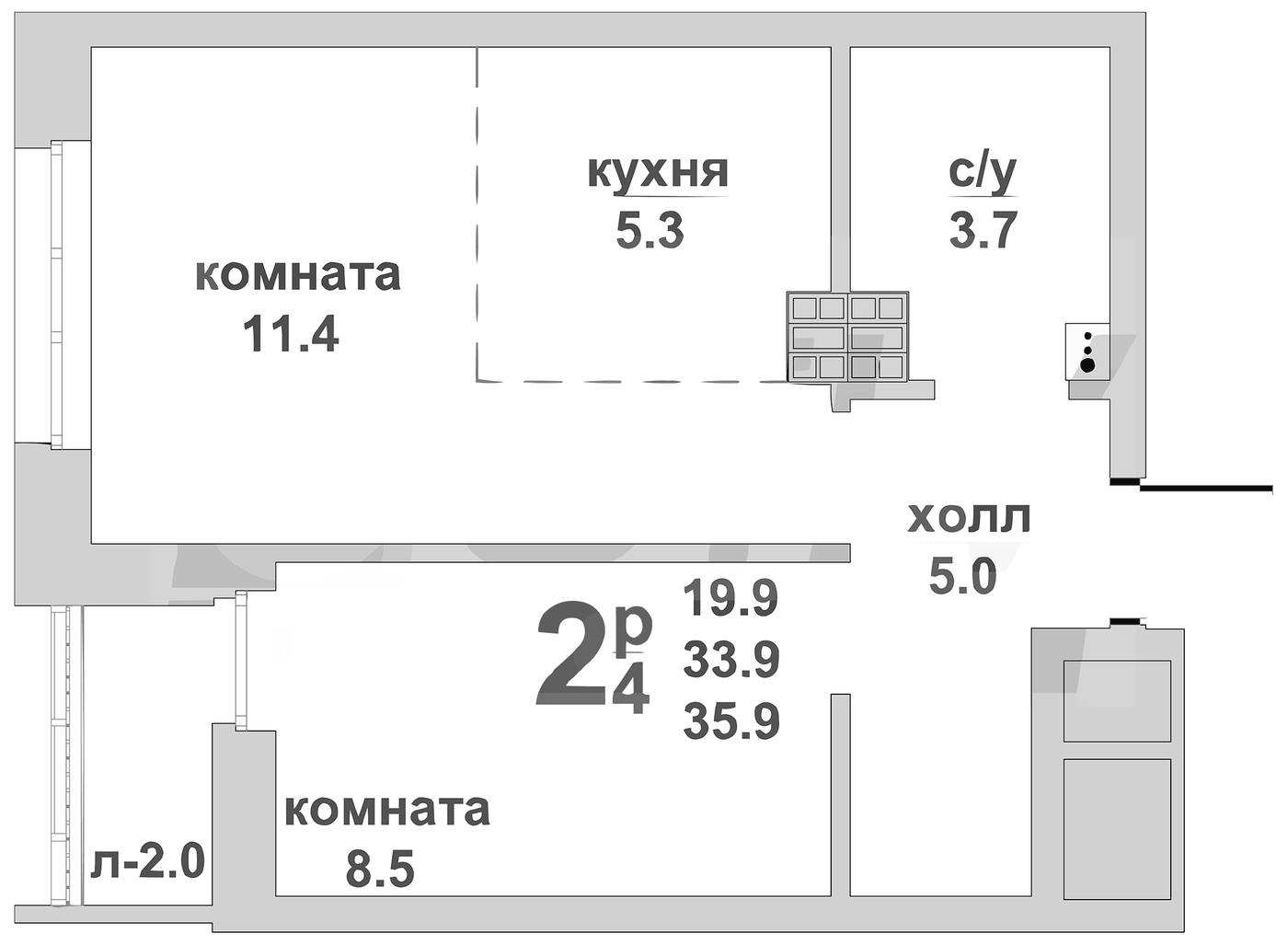 Планировка 1-к.кв, 35,9 м² в ЖК Свой дом