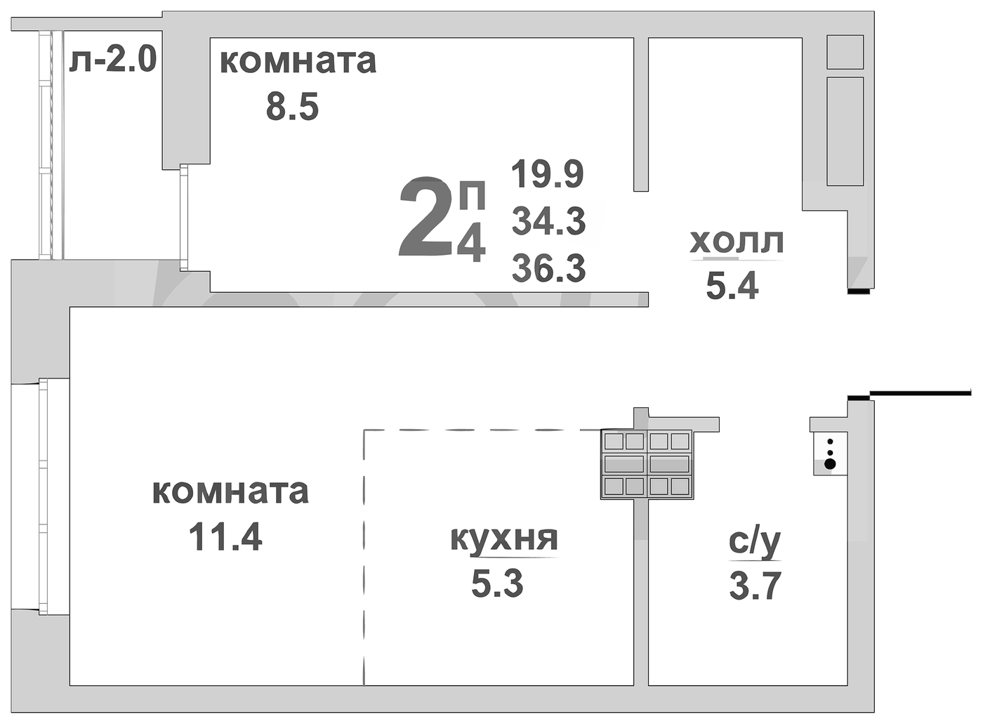 Планировка 1-к.кв, 36,3 м² в ЖК Свой дом
