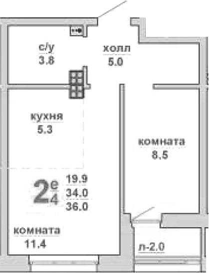 Планировка 1-к.кв, 36 м² в ЖК Свой дом