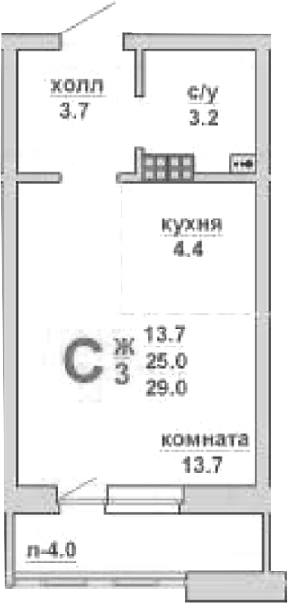 Планировка Студия, 29 м² в ЖК Свой дом