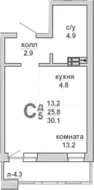 Планировка Студия, 30,1 м² в ЖК Свой дом