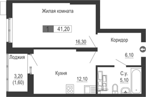 Планировка 1-к.кв, 41,2 м² в ЖК Тактика