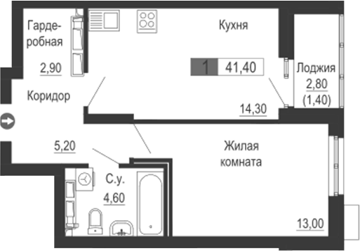 Планировка 1-к.кв, 41,4 м² в ЖК Тактика