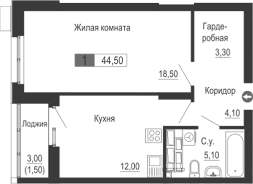 Планировка 1-к.кв, 44,5 м² в ЖК Тактика