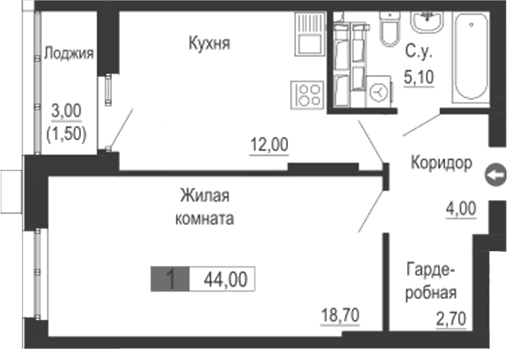 Планировка 1-к.кв, 44 м² в ЖК Тактика