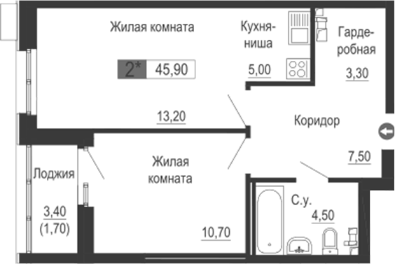 Планировка 2Е-к.кв, 45,9 м² в ЖК Тактика