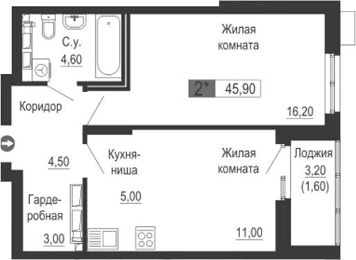 Планировка 2Е-к.кв, 45,9 м² в ЖК Тактика