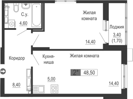 Планировка 2Е-к.кв, 48,5 м² в ЖК Тактика
