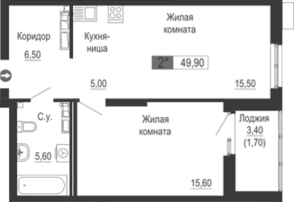 Планировка 2Е-к.кв, 49,9 м² в ЖК Тактика