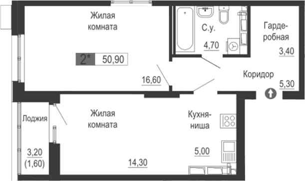 Планировка 2Е-к.кв, 50,9 м² в ЖК Тактика