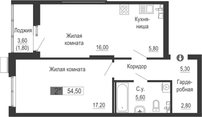 Планировка 2Е-к.кв, 54,5 м² в ЖК Тактика