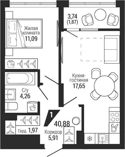 Планировка 1-к.кв, 42,75 м² в ЖК Темп