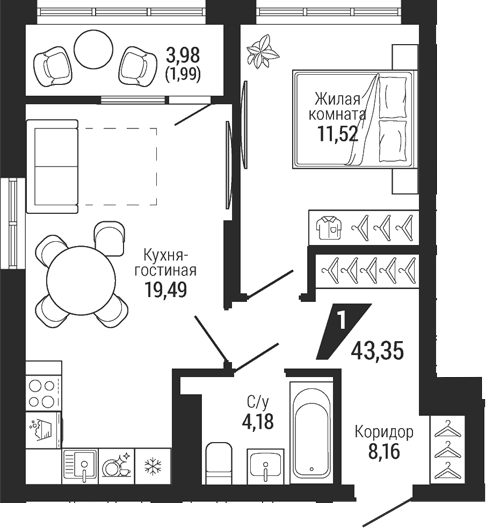 Планировка 1-к.кв, 45,34 м² в ЖК Темп