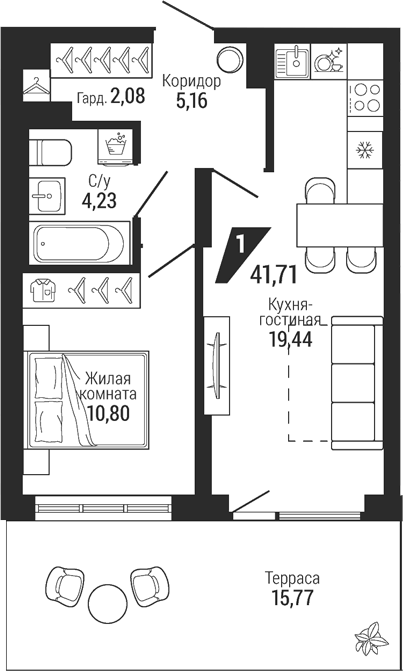 Планировка 1-к.кв, 46,44 м² в ЖК Темп