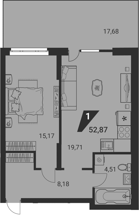 Планировка 2Е-к.кв, 52,87 м² в ЖК Темп