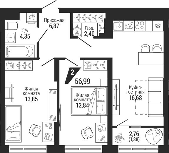 Планировка 2-к.кв, 58,37 м² в ЖК Темп